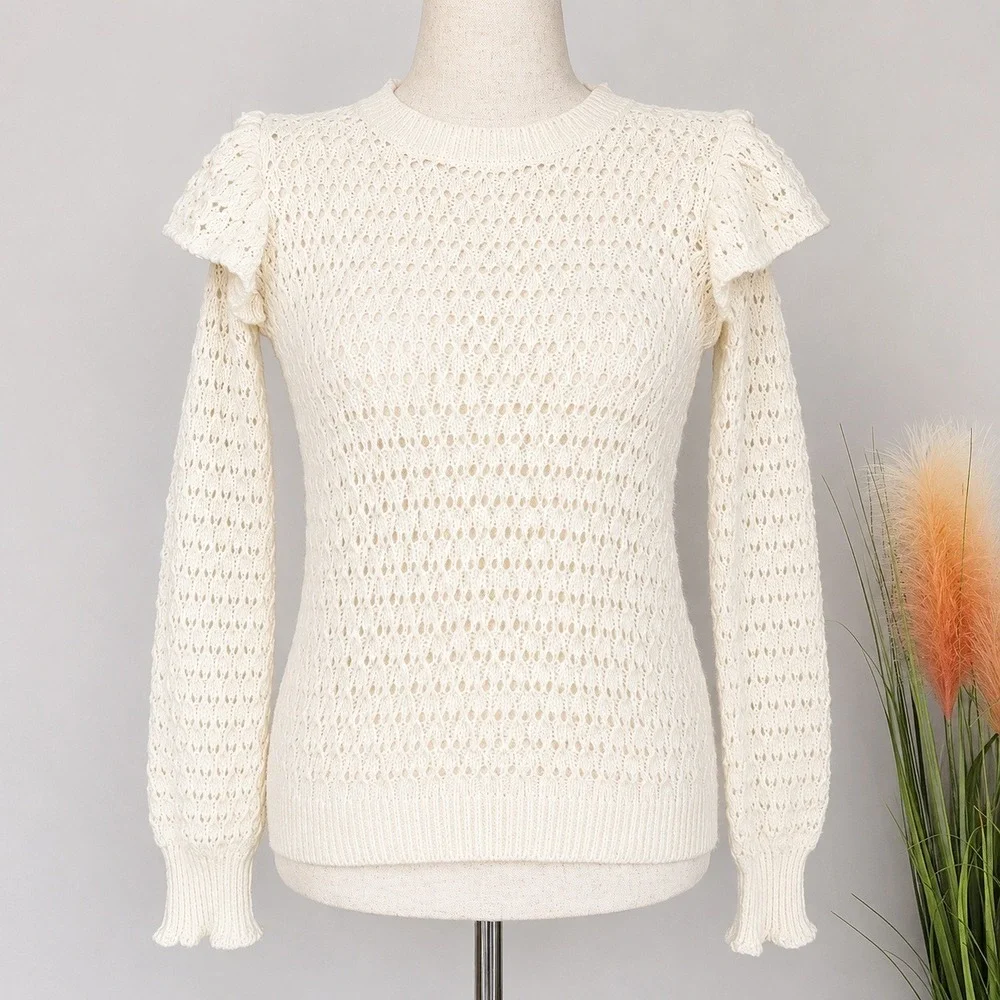 Ann Taylor LOFT Whisper White Shoulder Ruffle Open Knit Sweater SZ Small Preppy